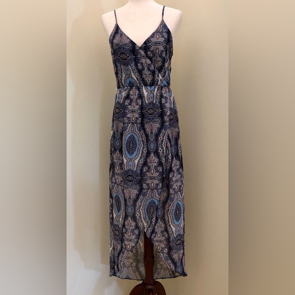 Lush. Faux Wrap High Low Maxi Dress. Blue and Pink Pattern. Small - Picture 1 of 15